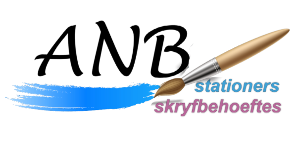 ANB stationers/skryfbehoefte logo with a blue underline of paint. There is a paintbrush on the right.